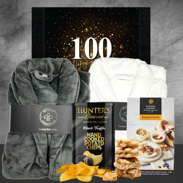 Happy 100th Plush Bathrobe & Snacks Hamper - Tastebuds