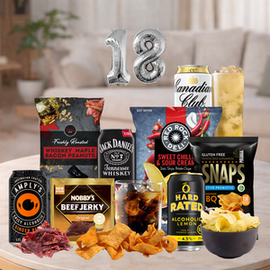 Happy 18th Ready to Drink Pack with mixed drinks and gourmet treats