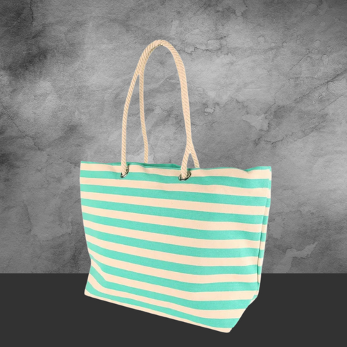 Large Striped Canvas Tote Beach Bag Green- 55cm x 36cm