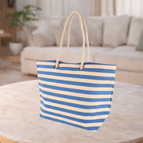 Large Striped Canvas Tote Beach Bag Blue  - 55cm x 36cm