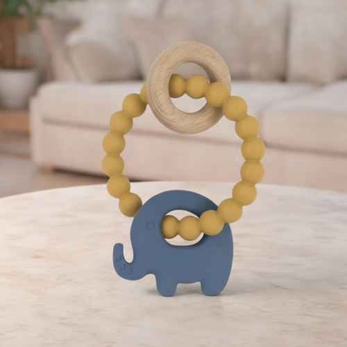 Living Textiles Silicone Elephant Teether Ring - Steel Blue