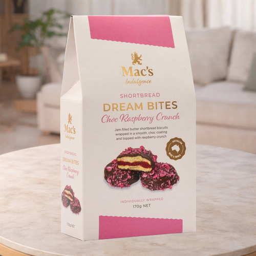Mac's Indulgence Shortbread Dream Bites Choc Raspberry Crunch 170g