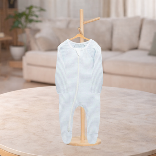 Pure Baby Zip Grow suit And Hat Set Pale Blue Melange Stripe