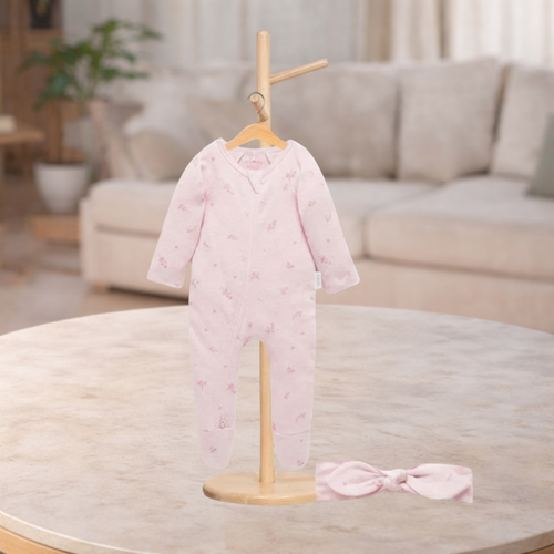 Pure Baby Zip Growsuit And Headband Set Pale Pink Blossom (Sizes 00 or 000)