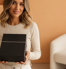 Woman holding a black box against a beige wall