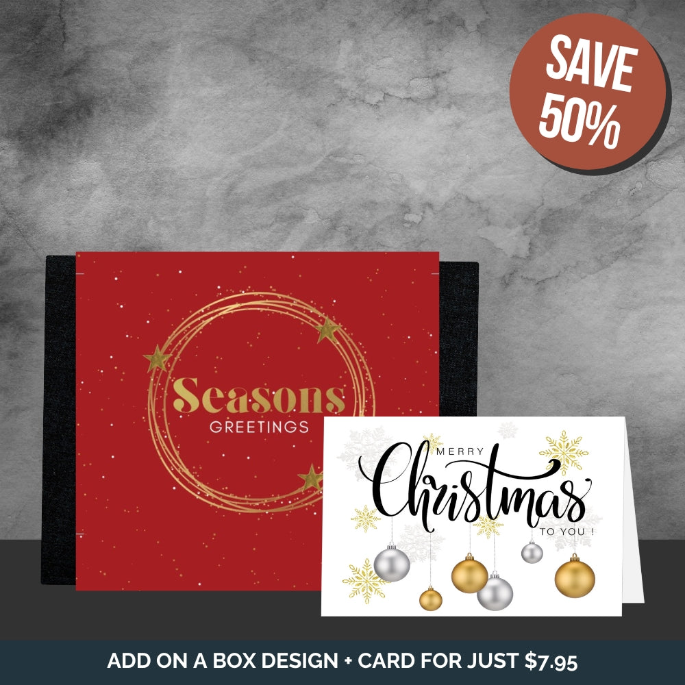 Red gift box with gold stars and 'Seasons Greetings' text, white Merry Christmas card with gold and silver ornaments