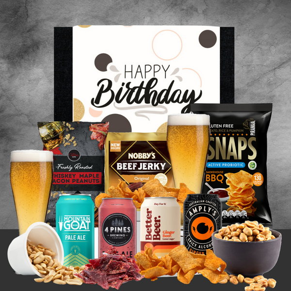 birthday gift hamper with beer and snacks