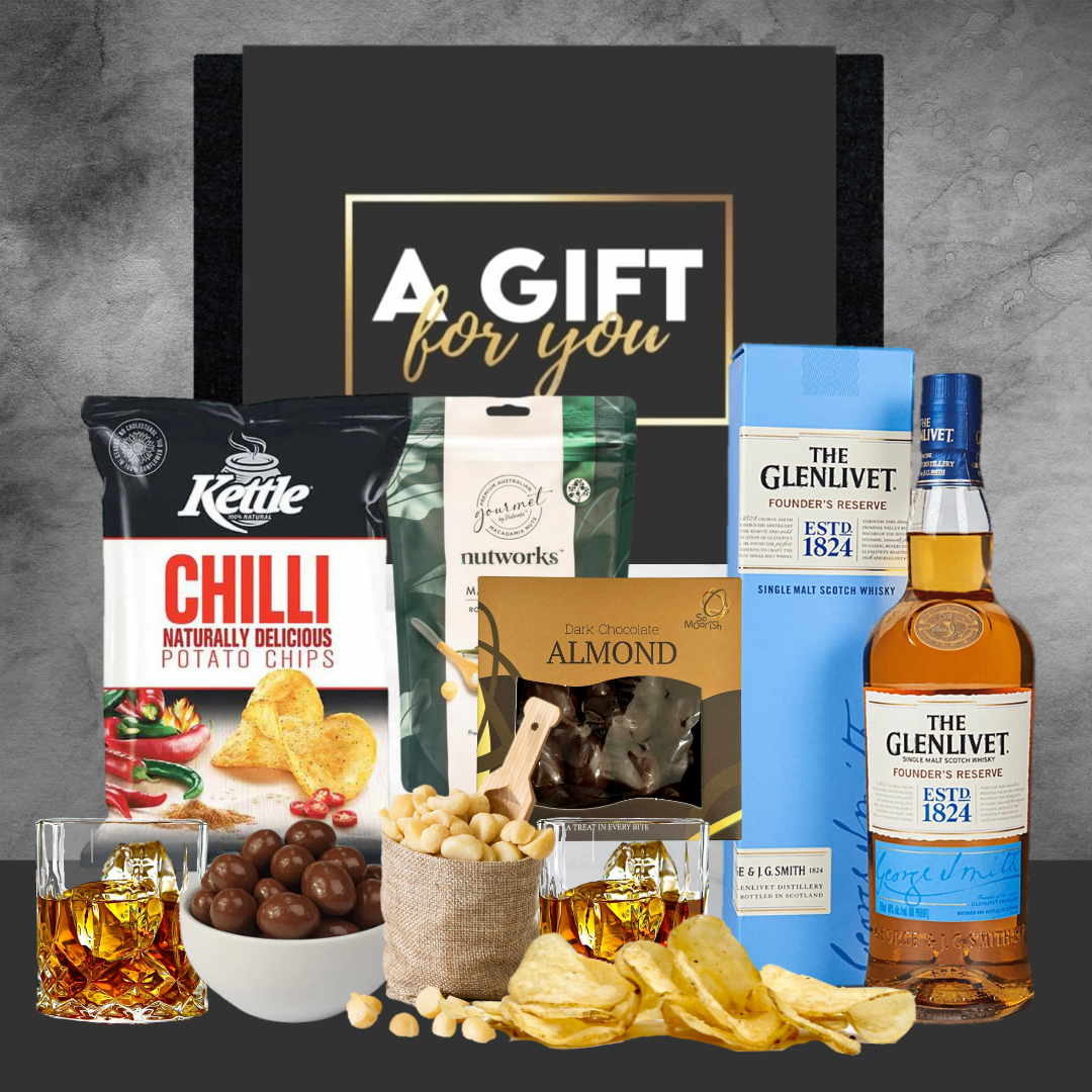 Gift hamper with snacks and whiskey 