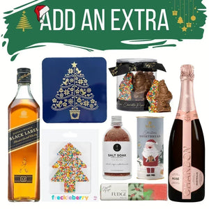 Collection of Christmas-themed products including a bottle of Johnnie Walker Black Label whisky, a bottle of Perrier-Jouét champagne, and various gift items on a white background.