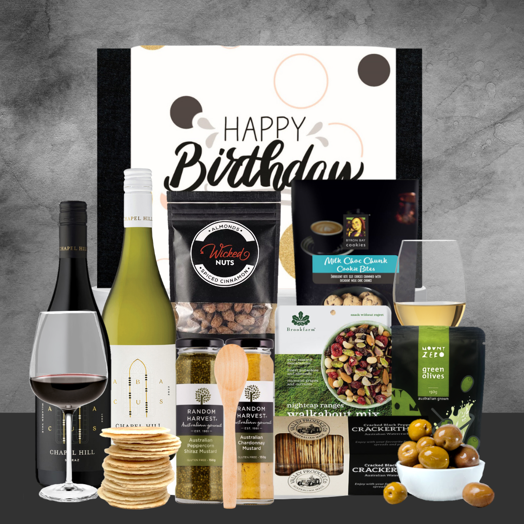 birthday gift hamper with wine and snacks