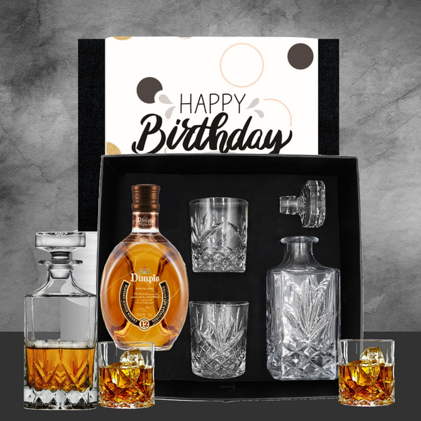 birthday gift hamper with whiskey decanter