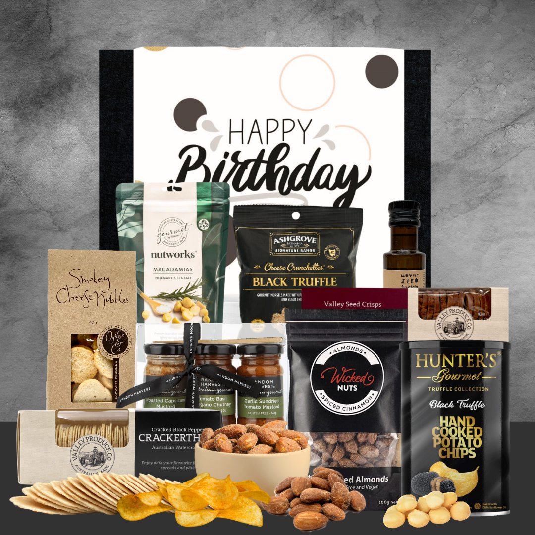 birthday gift hamper with snacks