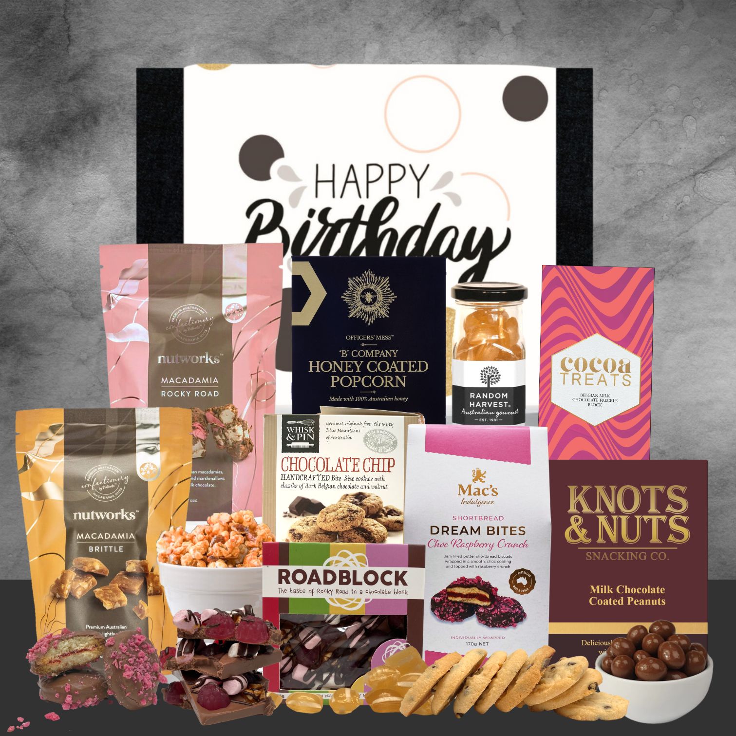 birthday gift hamper with snack