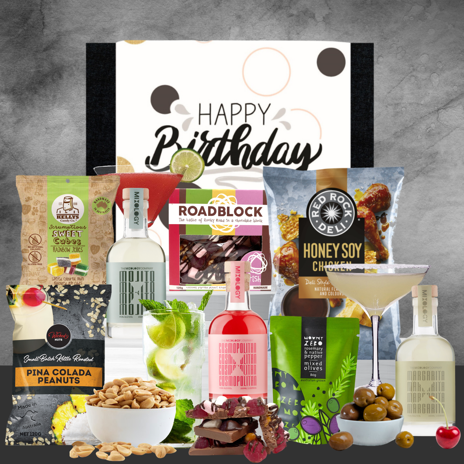 birthday gift hamper with cocktails