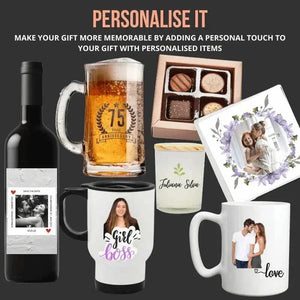 Collection of personalized gifts including a mug, bottle, and photo coasters with text and images.