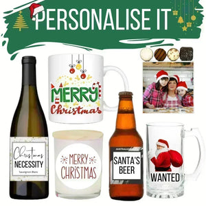 Collection of Christmas-themed products including a mug, wine bottle, beer bottle, and glass with personalized labels.