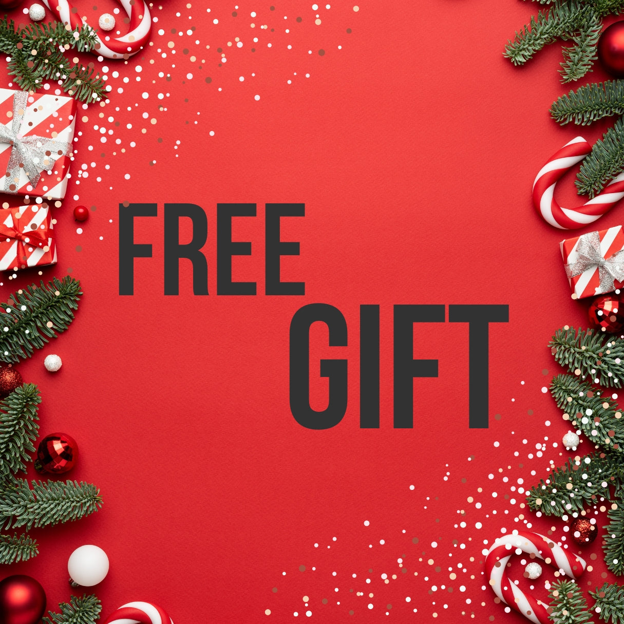 Christmas decorations with fir branches, candy canes, gift boxes, and ornaments on red background with Free Gift text