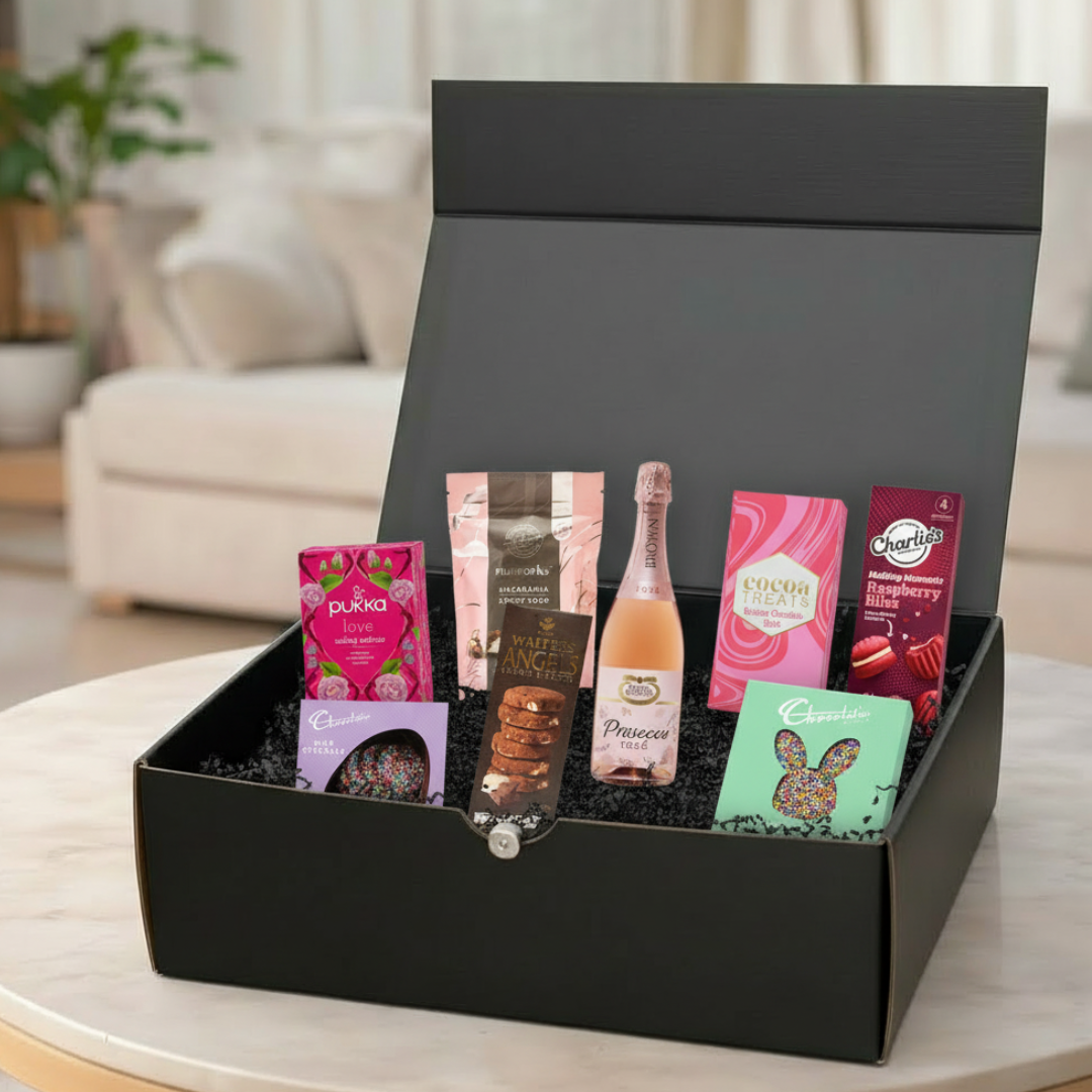 Black gift box with assorted items including a bottle of Prosecco on a table.