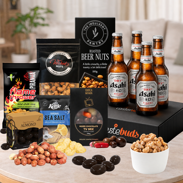 Asahi Celebration Beer Gift Hamper with four Asahi Super Dry beers and gourmet snacks