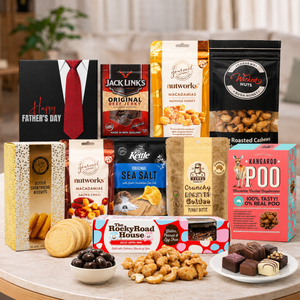 Aussie Dad's Snack Gift Hamper by Tastebuds featuring Australian-made chocolates, gourmet nuts, jerky, rocky road and Father's Day treats.