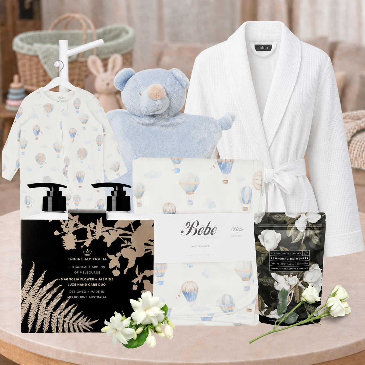 Baby Boy and Mum Baby Shower Hamper with white robe, bath care, baby zipsuit, bunny rug and teddy comforter