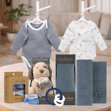 Baby Boy and Relax Hamper with nautical bodysuits, muslin wrap, plush toy and baby essentials