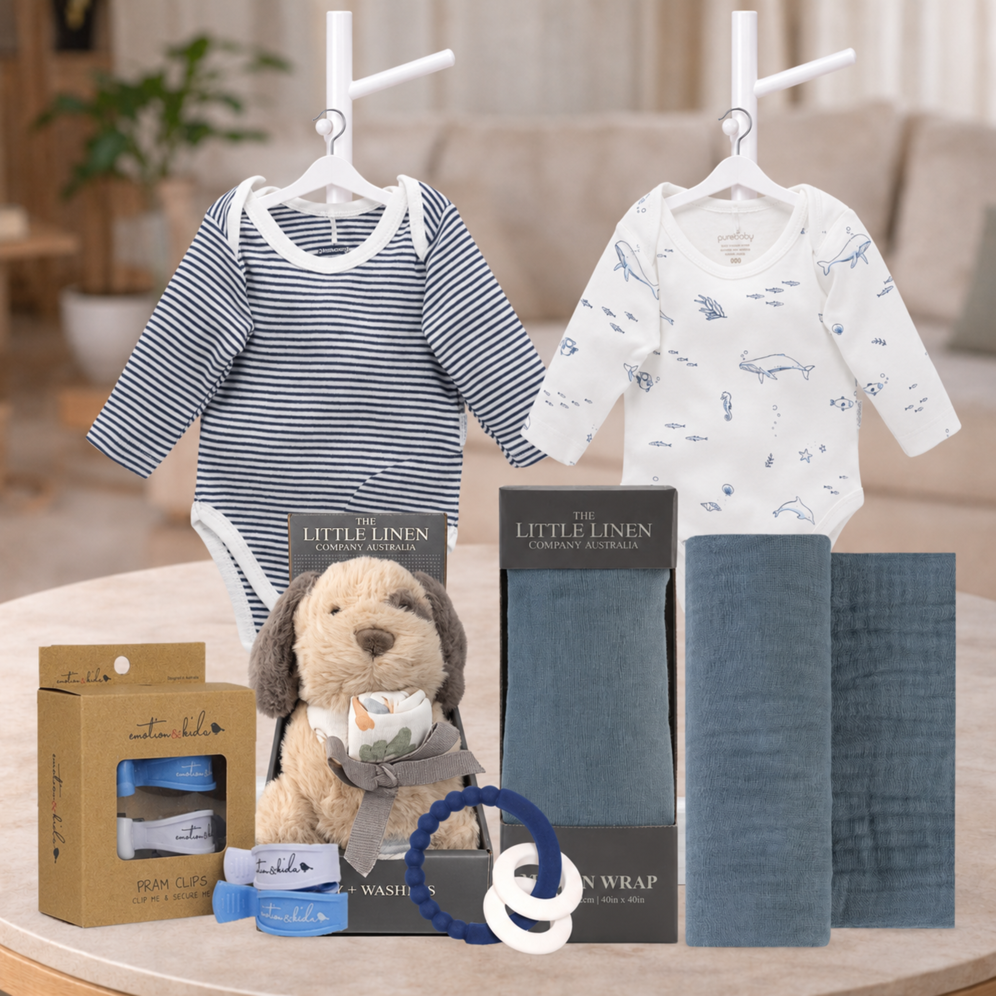 Baby Boy and Relax Hamper with nautical bodysuits, muslin wrap, plush toy and baby essentials