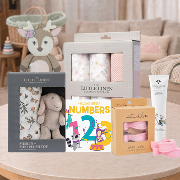 Baby Girl Plush Toy Gift Hamper with cuddly toys, muslin wraps, baby lotion and newborn essentials