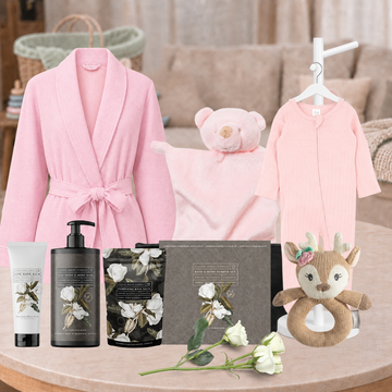 Baby Shower Gift for Baby Girl and Mum with blush robe, pamper set, baby zipsuit and knitted rattle