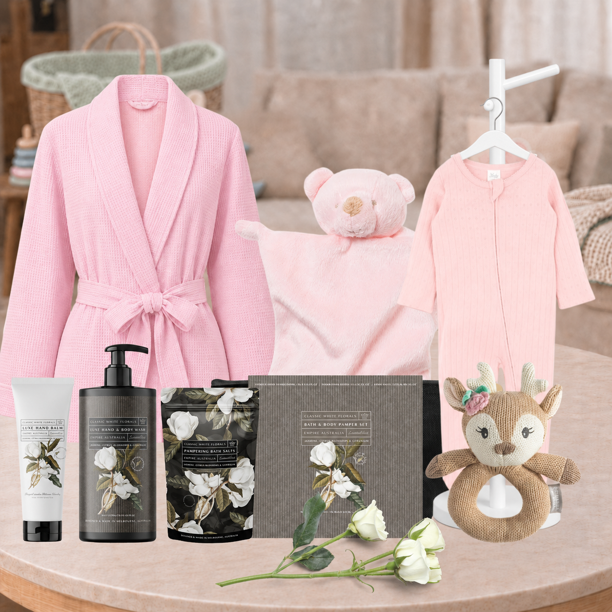 Baby Shower Gift for Baby Girl and Mum with blush robe, pamper set, baby zipsuit and knitted rattle
