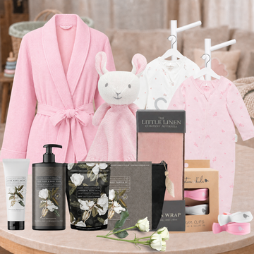 Baby Shower Gift for Mum and Baby with blush robe, pamper set, baby girl clothes and bunny comforter