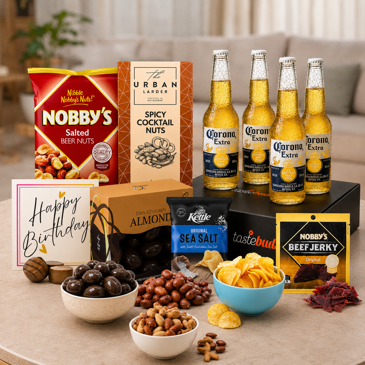 Beer Birthday Hamper for Him with beer, nuts, jerky and chocolate