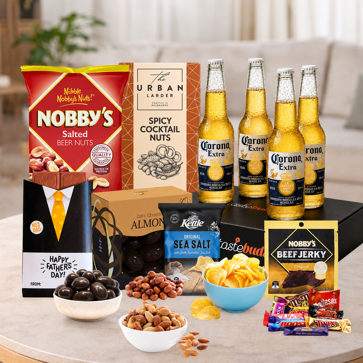 Beer gift hamper for Dad with Asahi, Corona, Carlton Dry, James Squire, Great Northern, gourmet nuts, beef jerky and chocolates.