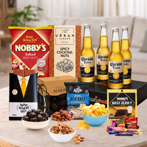 Beer gift hamper for Dad with Asahi, Corona, Carlton Dry, James Squire, Great Northern, gourmet nuts, beef jerky and chocolates.