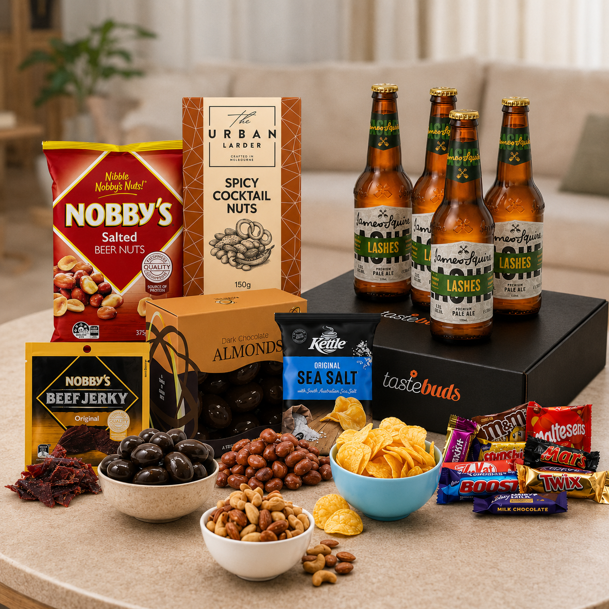 Beer Hamper with Gourmet Snacks, beer nuts, beef jerky and chocolate almonds