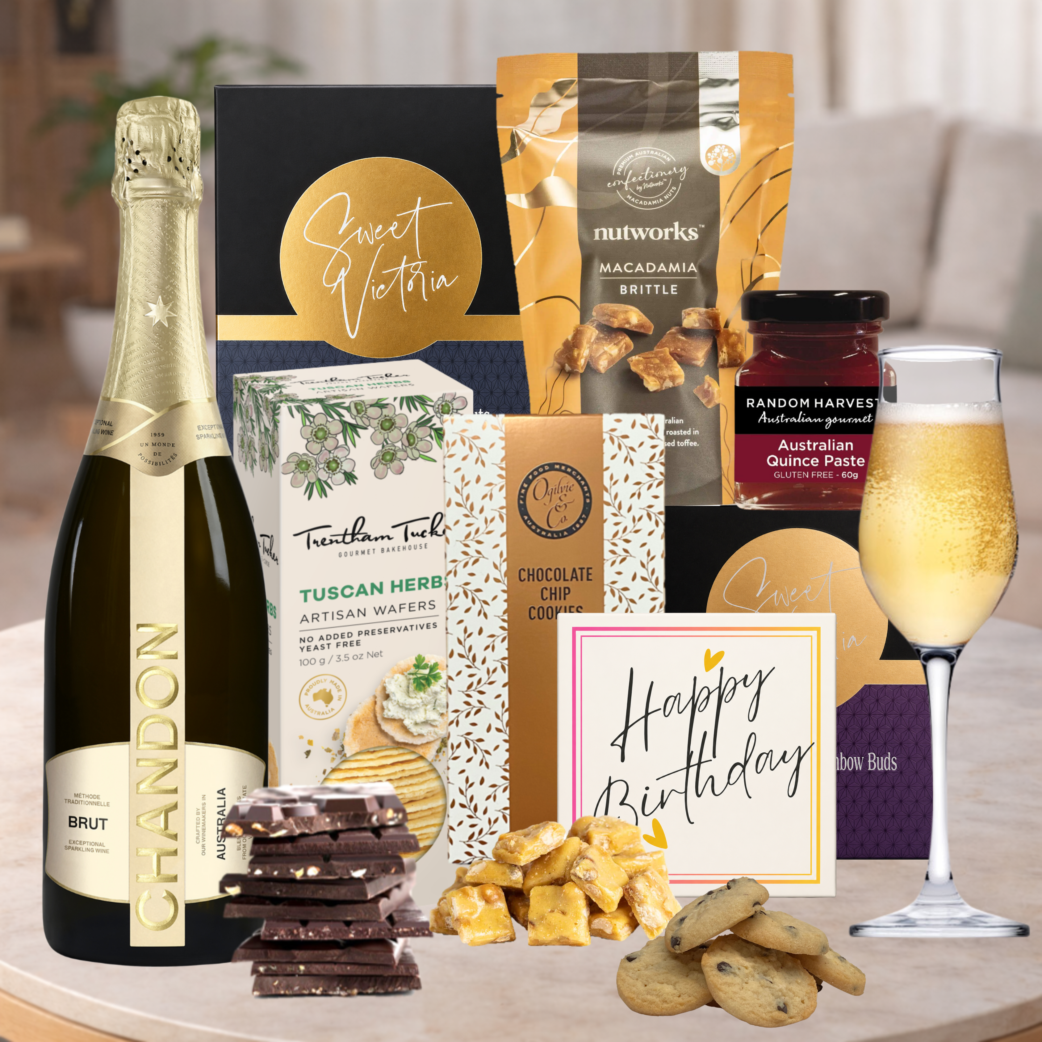 Birthday Celebration Gift Hamper For Her with Chandon Brut and gourmet treats