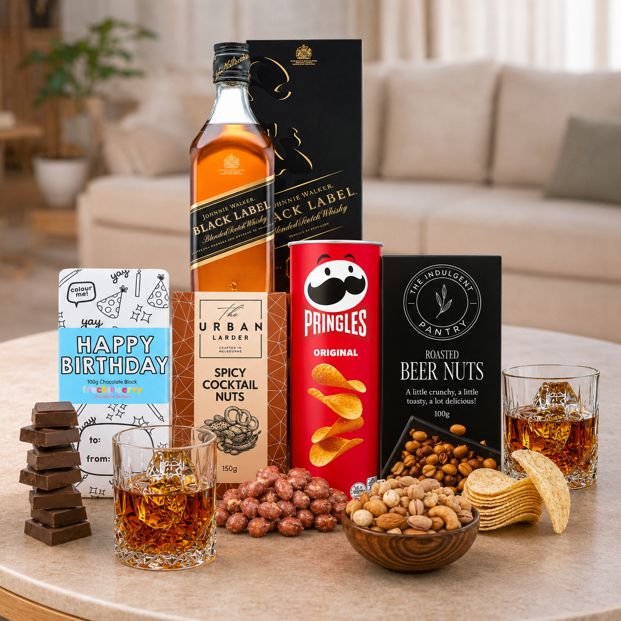 Birthday Whisky Gift Hamper with whisky, nuts, crisps and birthday chocolate