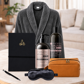 Body and Bath Pamper Hamper for Men with luxury body care and plush bath robe