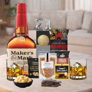 Bourbon 21st Birthday Hamper with gourmet snacks and Belgian dark chocolate