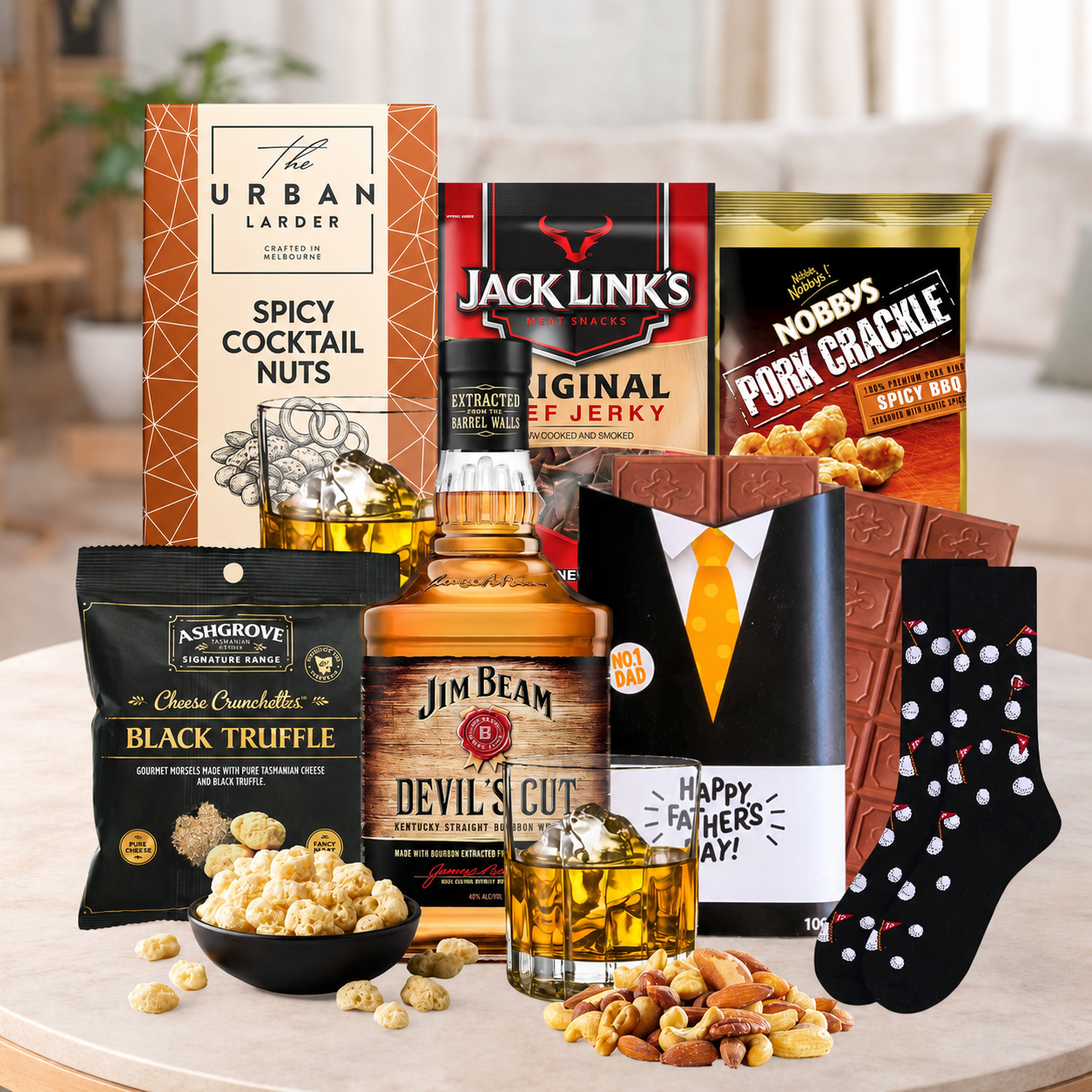 Bourbon and snack gift hamper with Wild Turkey, Maker's Mark or Devil's Cut, cocktail nuts, chocolates and gourmet savoury treats.