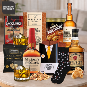 Bourbon Gift Hamper for Dad by Tastebuds featuring Wild Turkey, Maker's Mark or Devil's Cut with gourmet snacks.