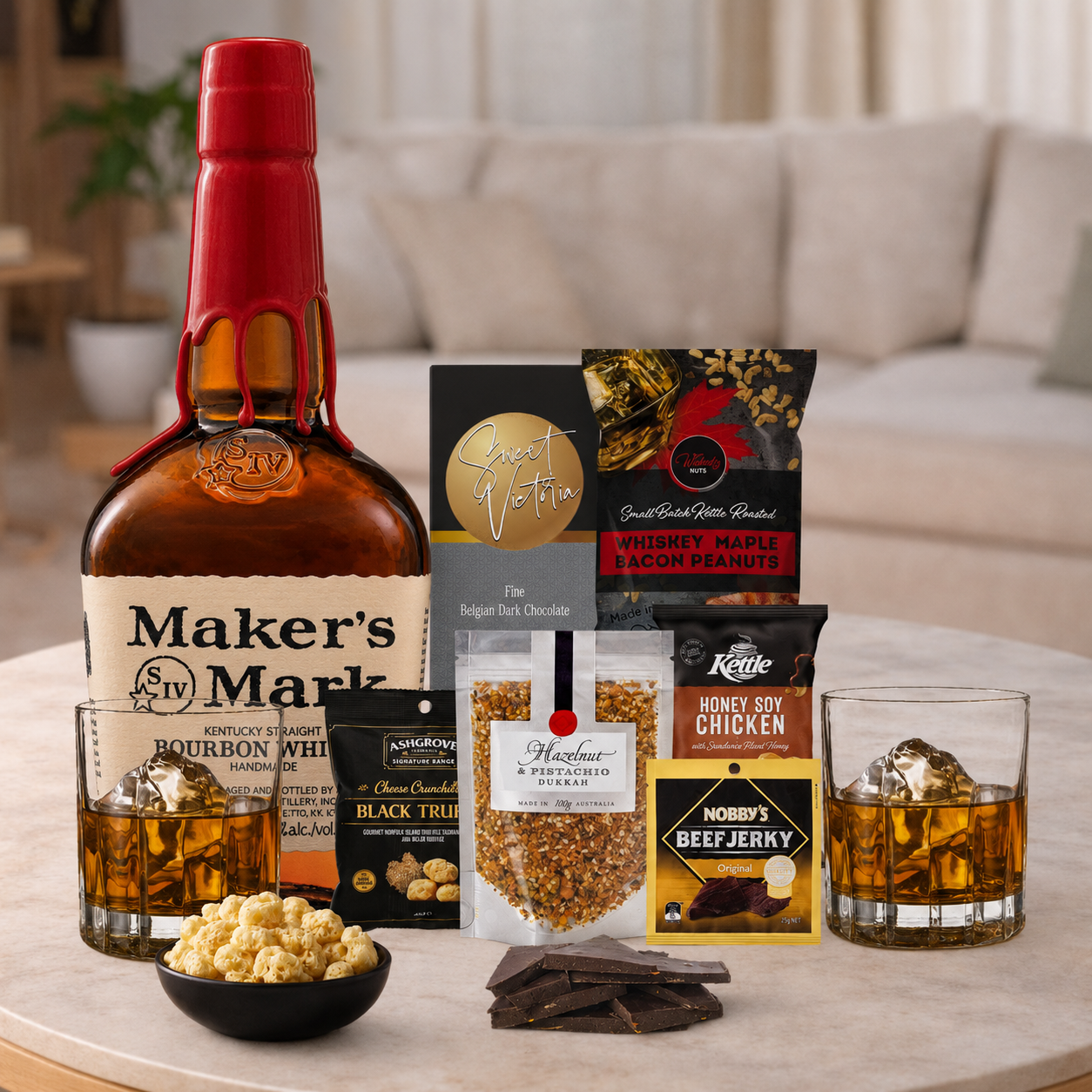 Bourbon Whisky Gift for Men with savoury snacks and gourmet treats