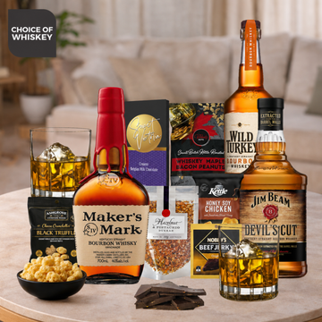 Bourbon Whisky Gift Hamper for Men with bourbon and gourmet snacks