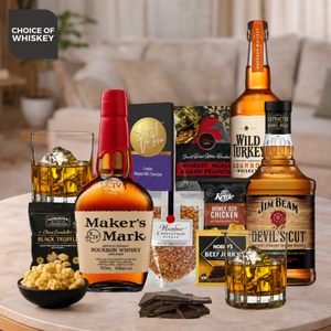 Bourbon Whisky Gift Hamper for Men with bourbon and gourmet snacks