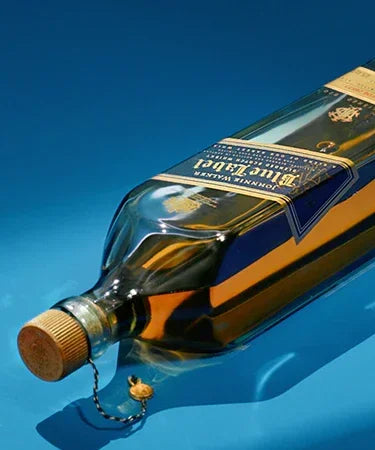 Johnnie Walker Blue Label bottle on a blue background