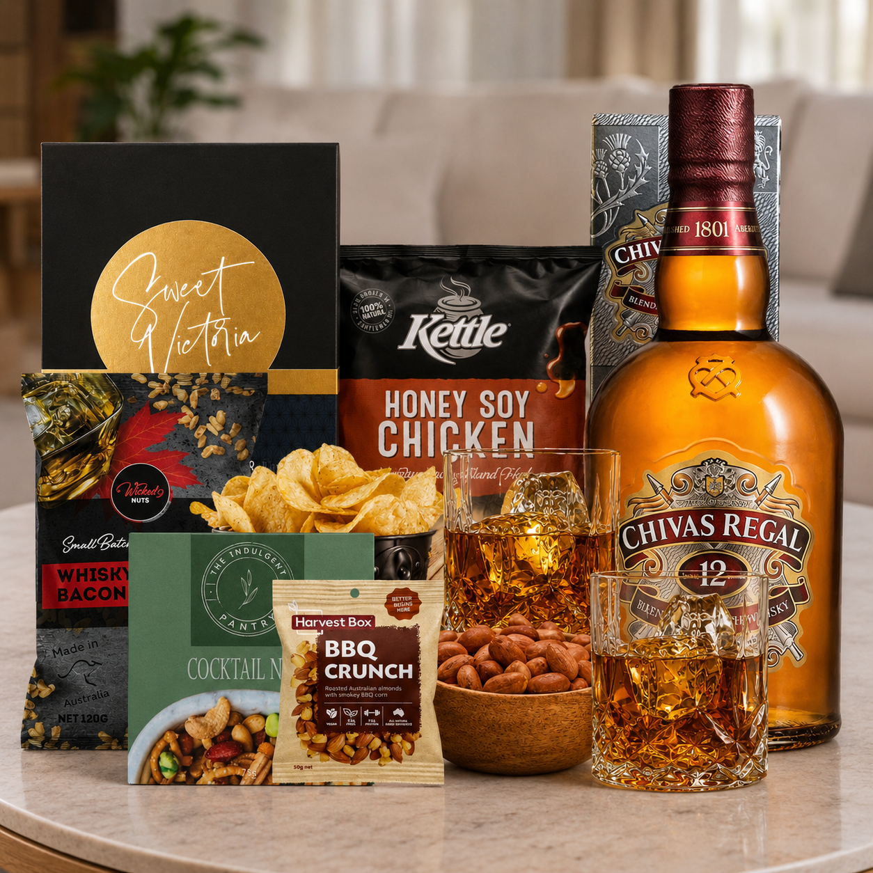 Chivas Regal Gift Hamper for Men with Scotch whisky and gourmet snacks