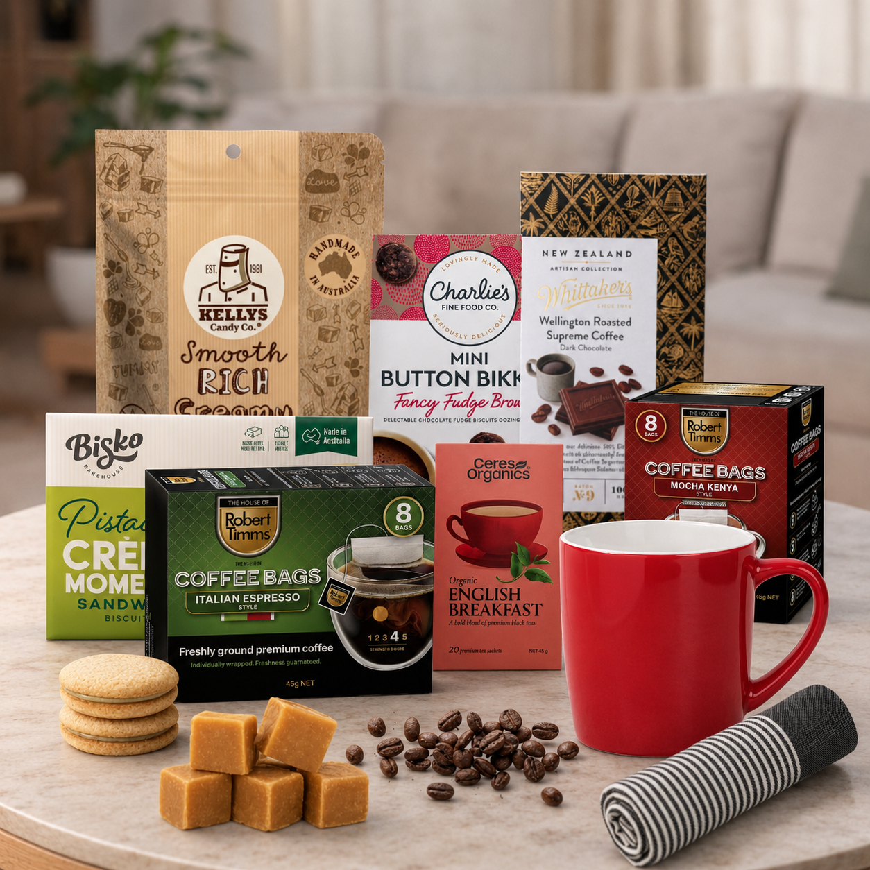 Coffee and Tea Gift Hamper with premium coffee, organic tea, biscuits, chocolate, mug and tea towel
