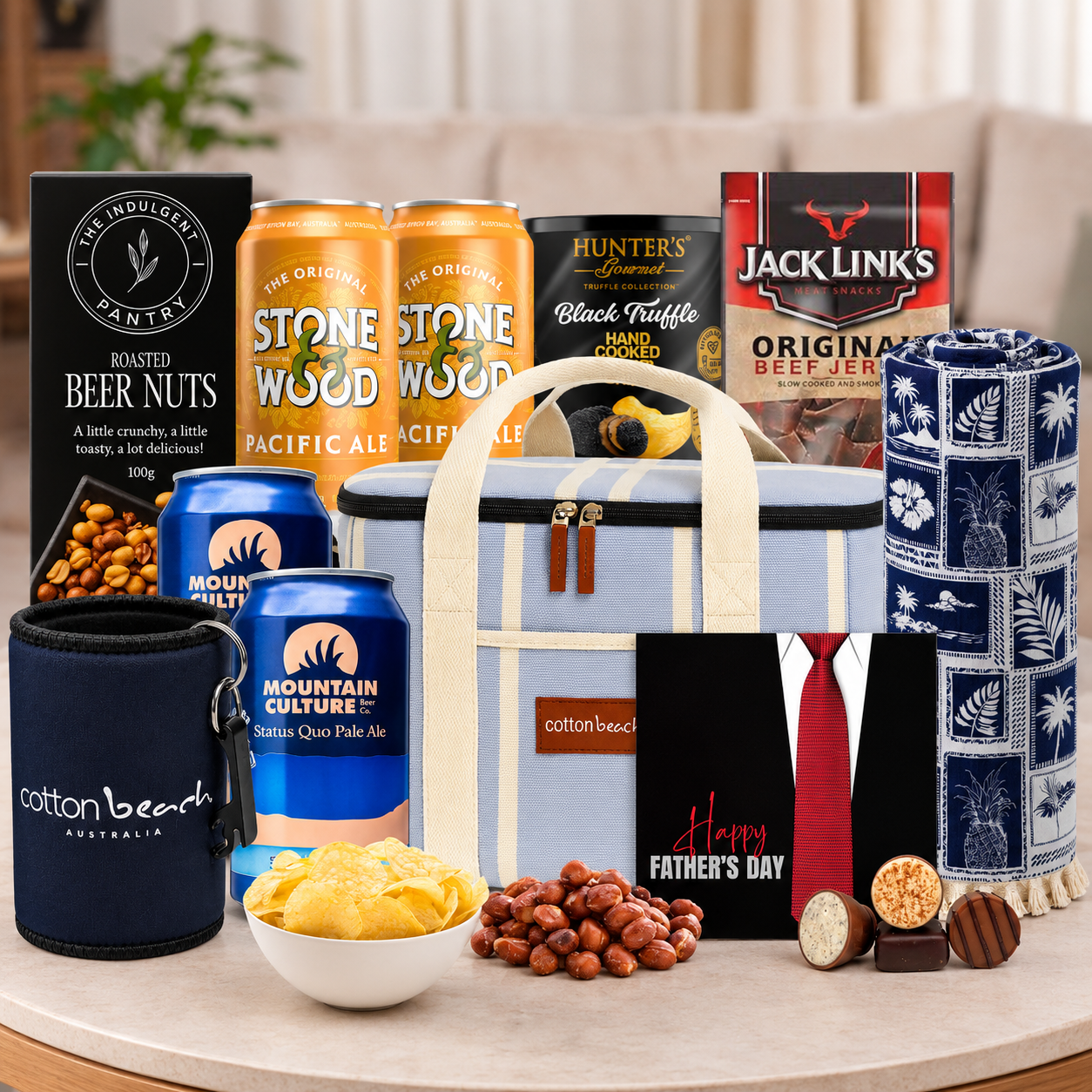 Dad's Beach Day Beer Gift Hamper by Tastebuds featuring Australian craft beers, beach towel, cooler bag, gourmet snacks and Father's Day chocolates.