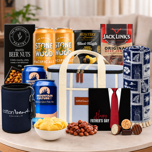 Dad's Beach Day Beer Gift Hamper by Tastebuds featuring Australian craft beers, beach towel, cooler bag, gourmet snacks and Father's Day chocolates.