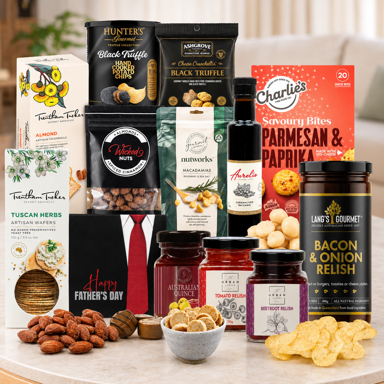 Dad's Gourmet Gift Hamper by Tastebuds featuring artisan crackers, gourmet relishes, premium nuts, truffle chips and Father's Day chocolate.